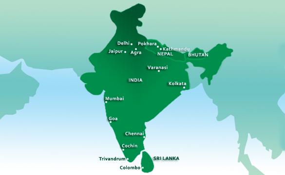 map of India, the Himalayas & Sri Lanka